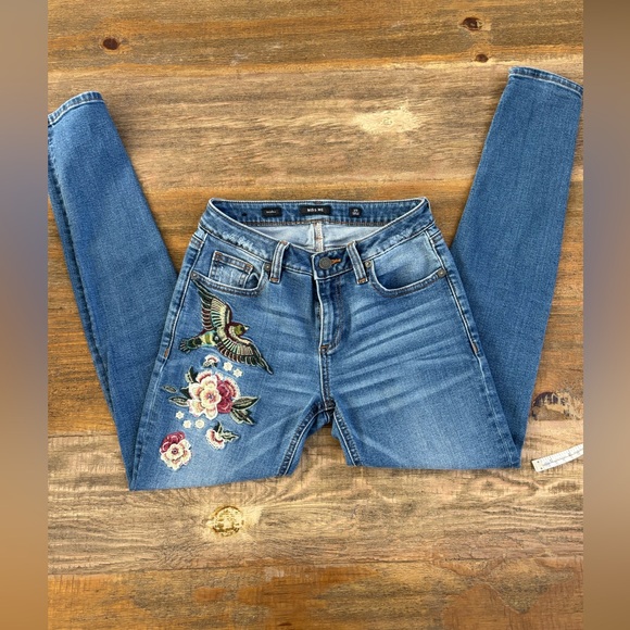 Miss Me Blue Skinny Jeans with Floral Embroidery - Picture 1 of 13